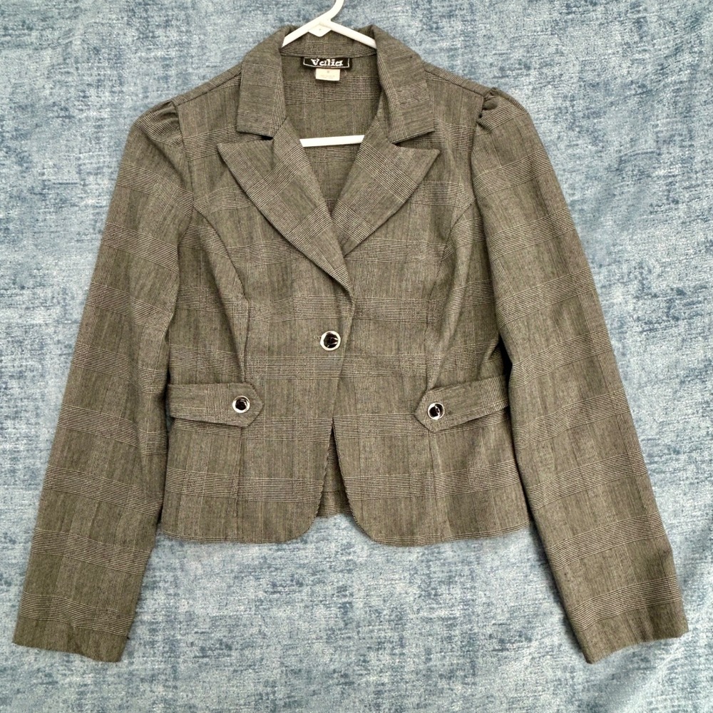 Valia Blazer Womens S Grey Plaid Cropped Tailored Jacket Silver Tone Button